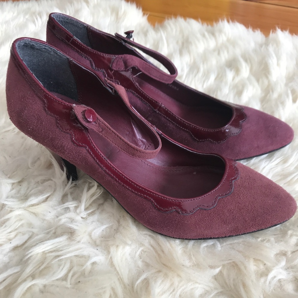 Plum heels with patent detailing